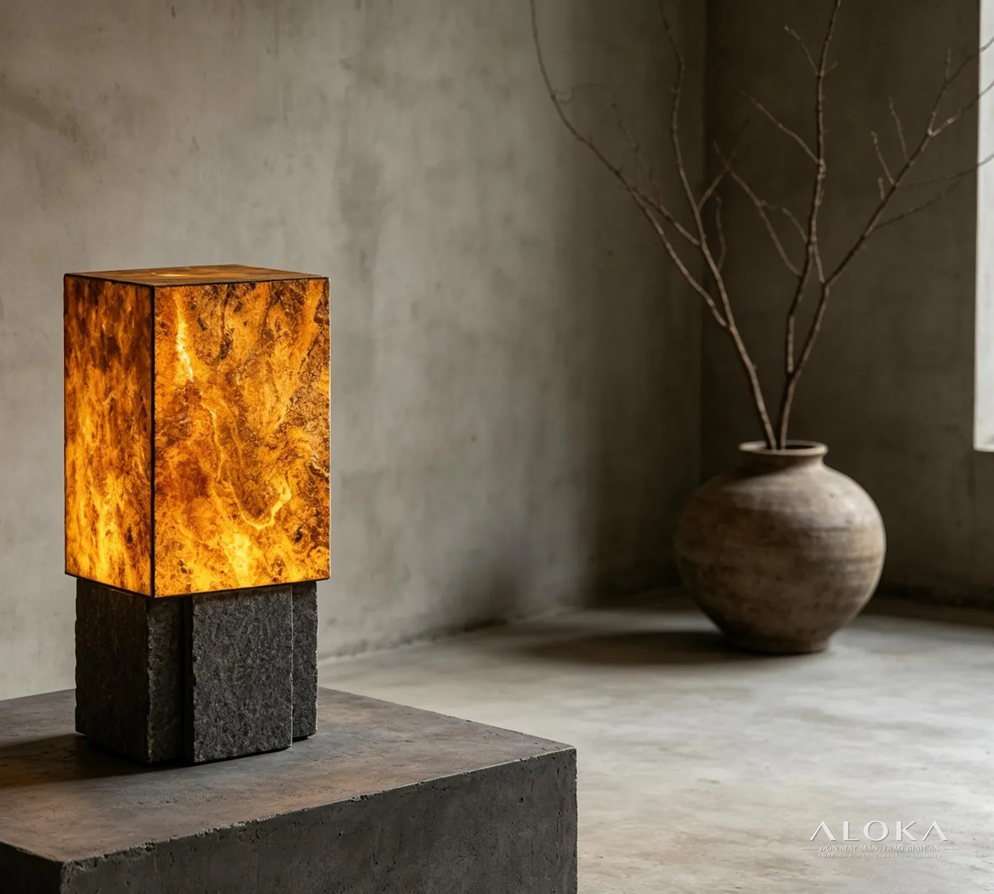 Cột vuông cao 90 cm trong không gian, khối đá năng lượng thấu quang ALOKA
